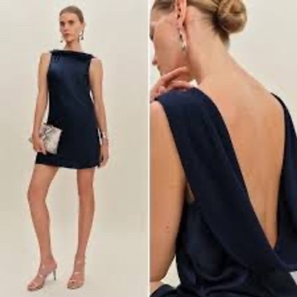 New Reformation Jonelle Silk Mini Dress Navy Blue Cowl Neck‎ NWT